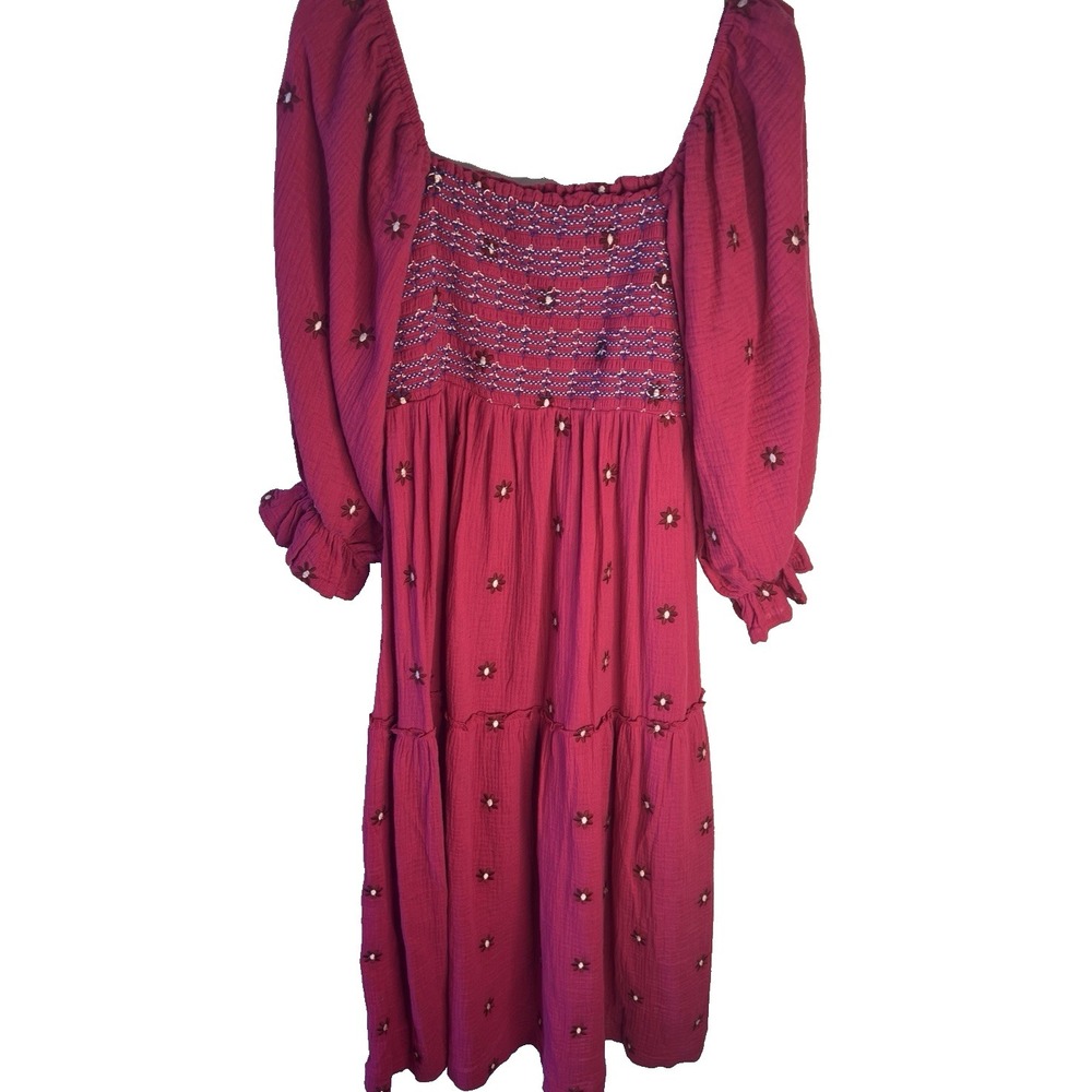 Pink Lily Women XL Smocked Cotton Milkmaid Maxi Prairie Tiered Pink Dress Boho‎